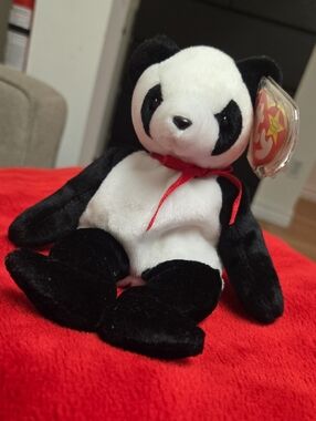 Ty Black & White Panda Plush with Red Ribbon
